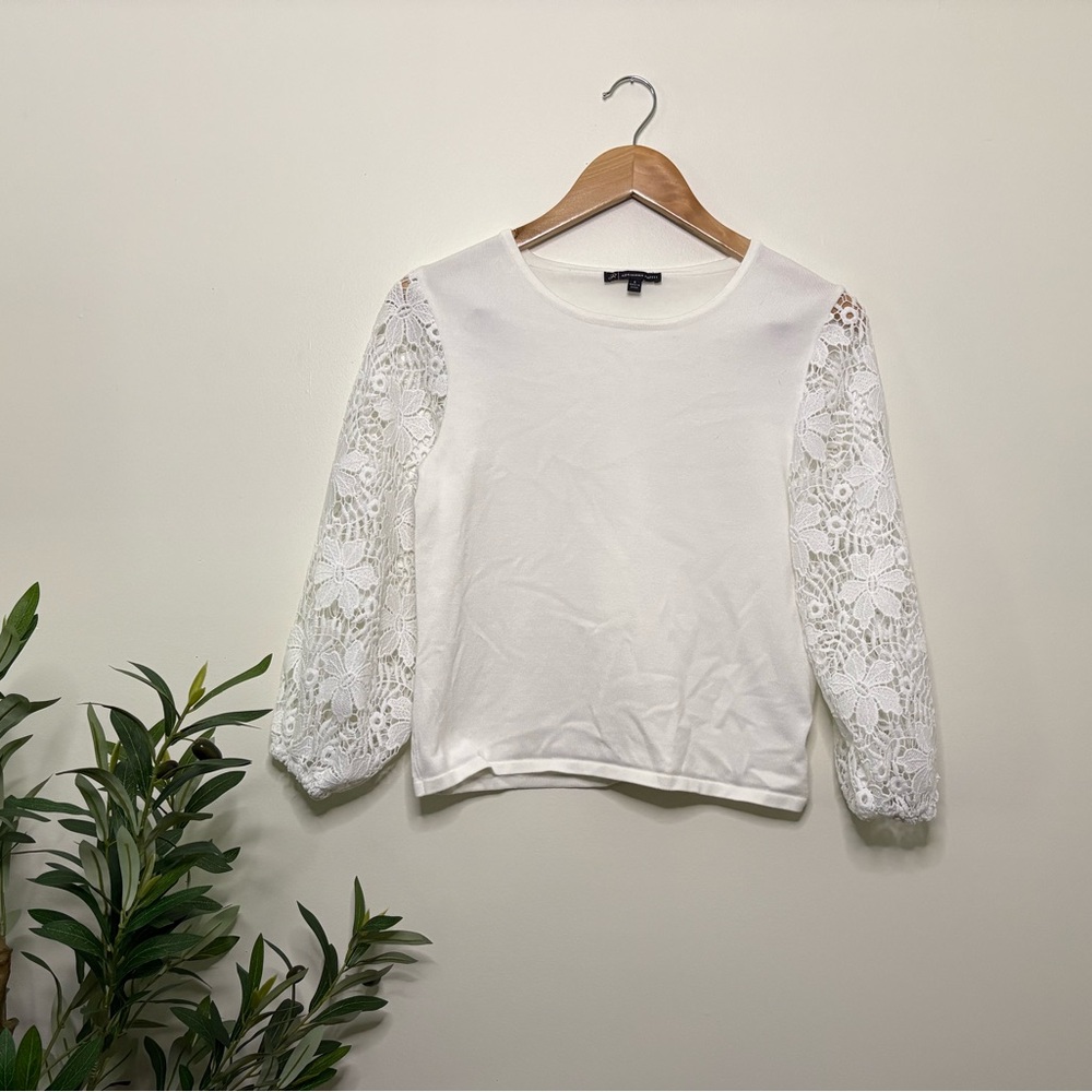 Adrianna Papell White Lace Sleeve Blouse